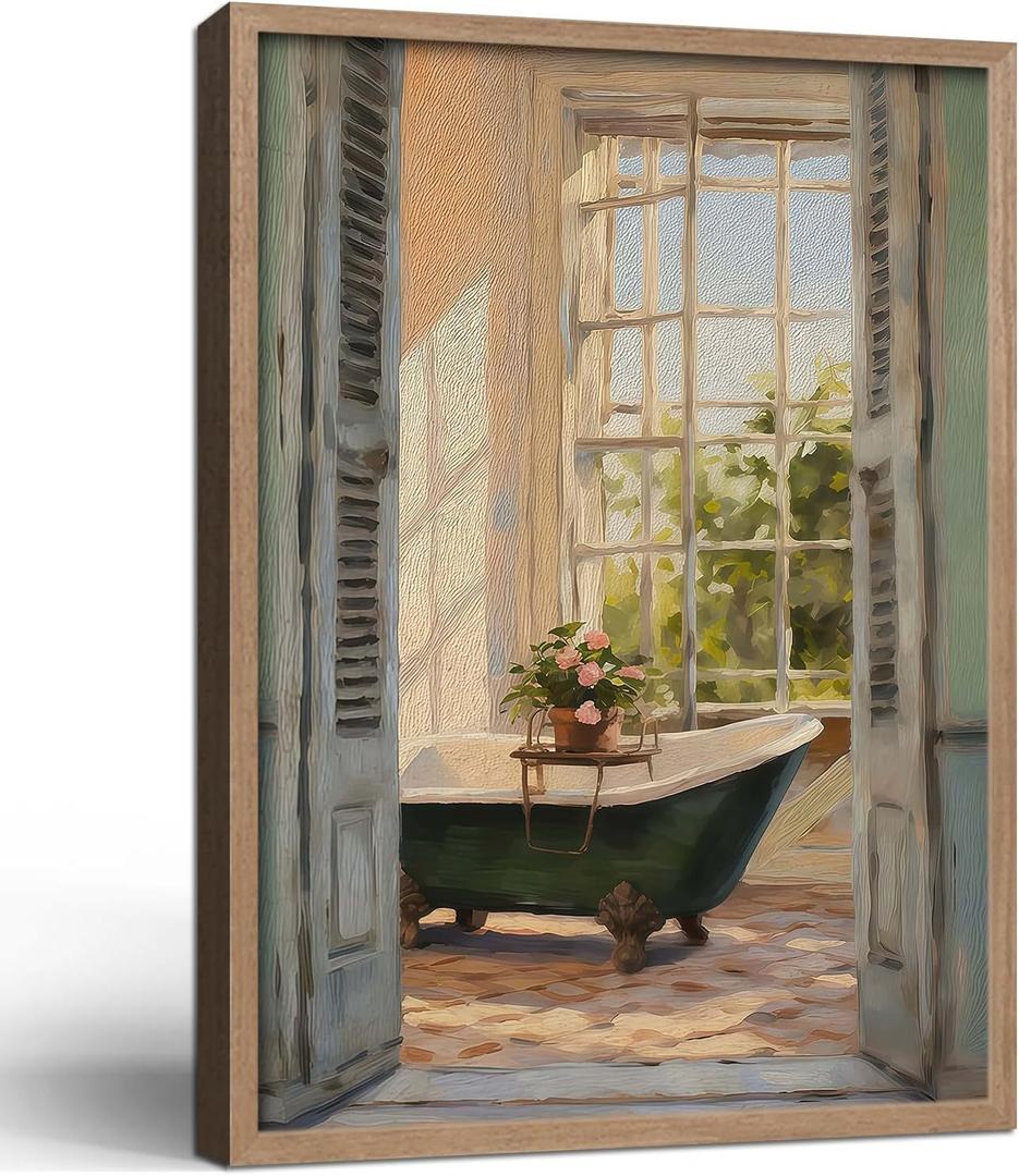 Framed Vintage Canvas Wall Art Print Classical Bathroom Bathtub Poster Flowers Gallery Style Picture Home Decor Rustic Bathroom farmhouse Apartment 16X24 Inch Ready to Hang