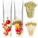 Zezzxu 50 Sets 5 oz Plastic Charcuterie Cups with 100 Sticks, Square Appetizer Cups with Cocktail Picks Mini Party Serving Cups for Fruit, Snack, Dessert