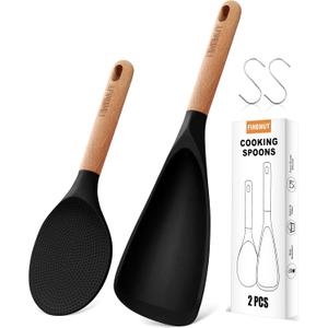 Cooking Spoon Multifunction Spoonula Silicone Spatula Spoon 2-Pack, Dual-Use Heat Resistant 446F, BPA-Free Non-Toxic Wooden Handle Rice Spoon Set for Non-Stick Cookware & Rice Cookers (Black)