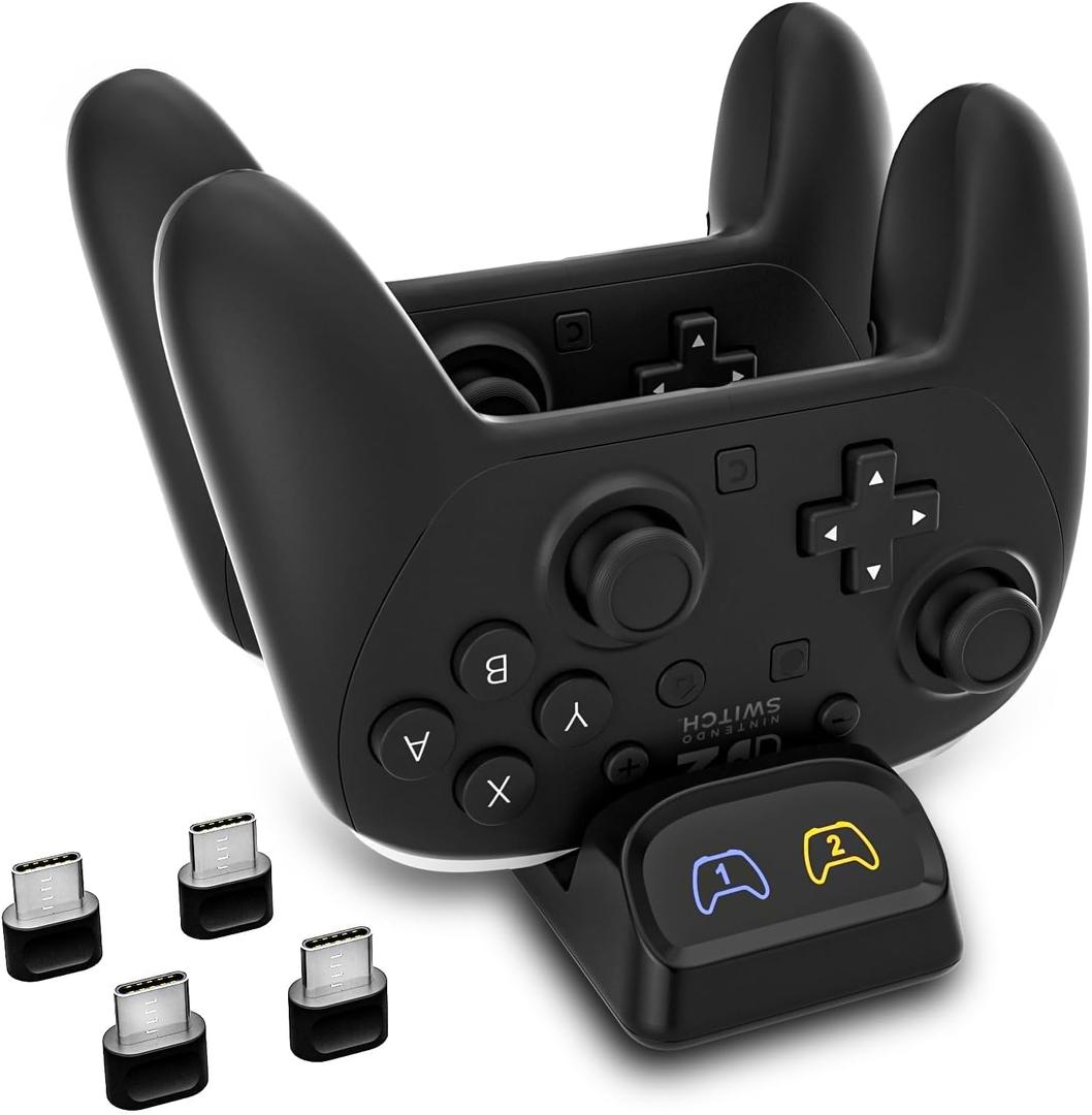 Switch 2 Pro Controller Charger Dock, 2-Port USB-C Controller Charging Station for Switch Pro, PS5 Controller, Xbox Series X|S & Elite 2, Type-C Adapters, LED Indicator, 5V2A Recommended