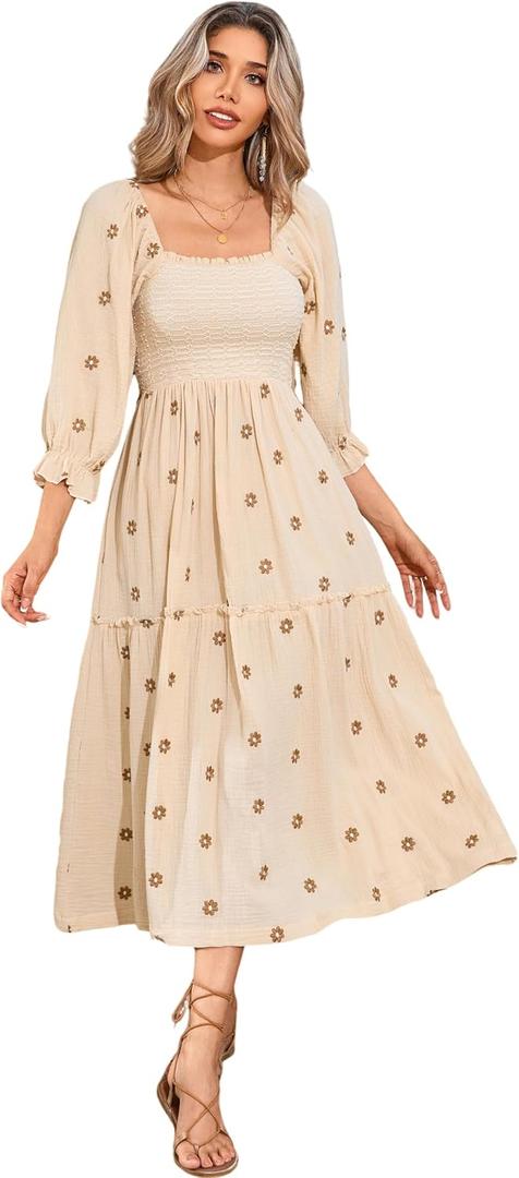 R.Vivimos Women's Cotton Floral Embroidered Boho Midi Dress, Beige, X-Large