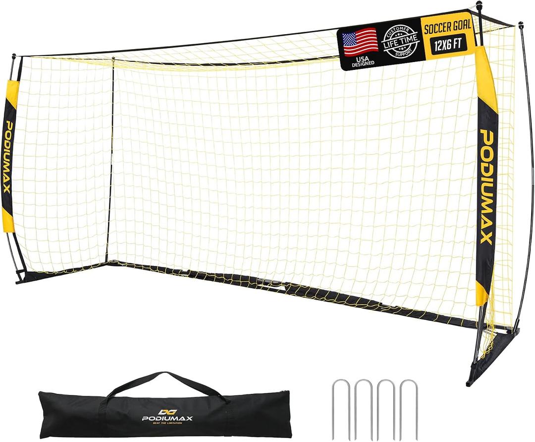 PodiuMax Soccer Goal, 12X6FT Soccer Goals for Backyard Training, Upgraded Collapsible Metal Base, Portable Soccer Goal for Indoor Outdoor, Easy Set Up Soccer Net with 1 Carry Bag & 4 Ground Stakes