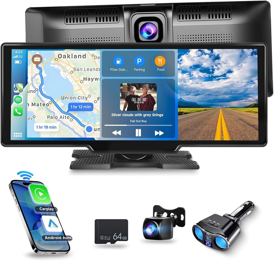 Wireless Carplay/Android Auto Portable Car Radio with 9.3" HD Touchscreen Dash Cam, Front/Rear View Camera Stereo Receiver Bluetooth FM Transmitter AUX TF Card