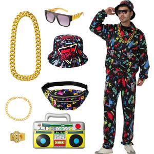 9pcs 80s 90s Outfit for Men 80s Costumes Rapper Track Suits with Hip Hop Accessories for 90s Themed Party (XL)