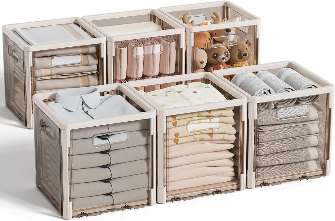 HAIXIN Clear Storage Cube Bins - 6 Pack Open Cube Storage Bins 10.5''x10.5 Collapsible Cubby Bins Plastic Cube Organizer Bins See-through Storage Containers for Closet Wardrobe Bedroom Dorm (Beige)
