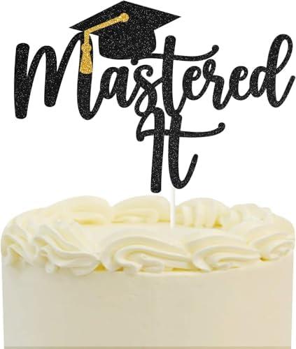 Set of 3 Pack, Back Glitter Mastered It Cake Topper, College Grad, Congratulations MBA Graduation Party Decorations Supplies