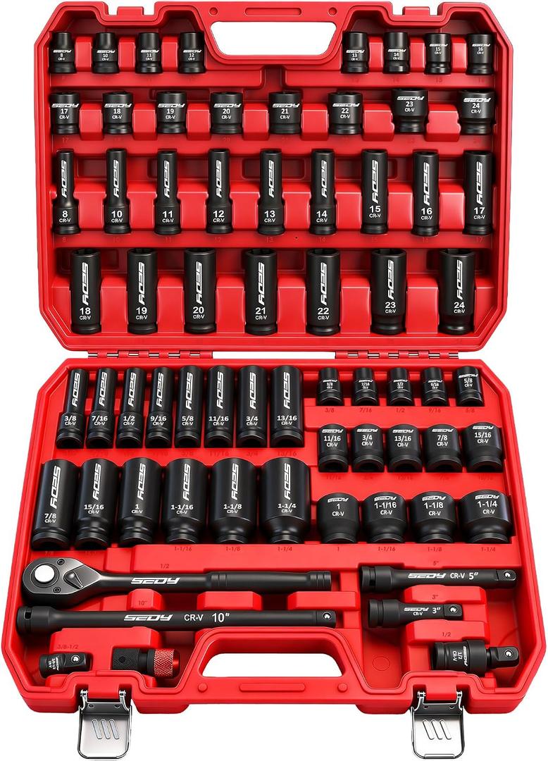Master 1/2" Drive Impact Socket Set, 67-Piece Standard & Deep Master Impact Socket Set SAE 3/8"-1-1/4" & Metric 8-24mm Socket Set with Ratched Hand, Extension Bar, Reducer, Impact Universal Joint,Cr-V