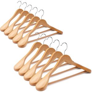 Uinicor Wooden Suit Hangers 10 Pack - Heavy Duty Wide Shoulder Hangers With Non Slip Pants Holder for Men, Women, Coats, Jackets (Natural)