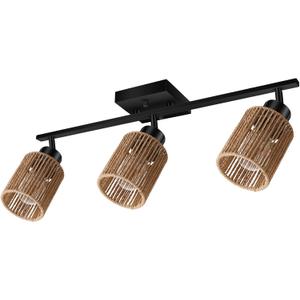 BoostArea 3 Light Track Lighting Kit, 3 Way Ceiling Spot Lighting with Handwoven Hemp Rope Lampshade, Flexibly Rotatable Light Head for Kitchen, Living Room, Bedroom, Bulb Not Included, 3 Light-Black