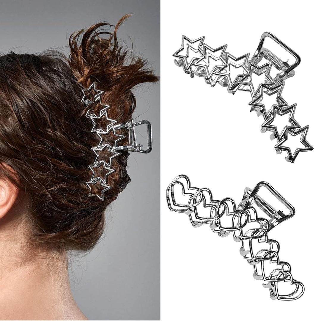 2PCS Y2k Metal Hair Claw Clips Star Heart Hair Clips for Women Big Nonslip Design Claw Hair Clips for Thick and Thin Hair Stitching Silver Large Hair Accessories for Women and Girls.