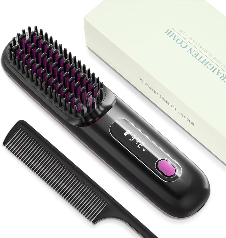 Cordless Hair Straightening Brush, Ceramic Ionic Anti-Frizz Hair Brush, 30 Second Quick Heat Up, Adjustable Temperature, Travel Portable Styling Tool for All Hair Types（Midnight Black）