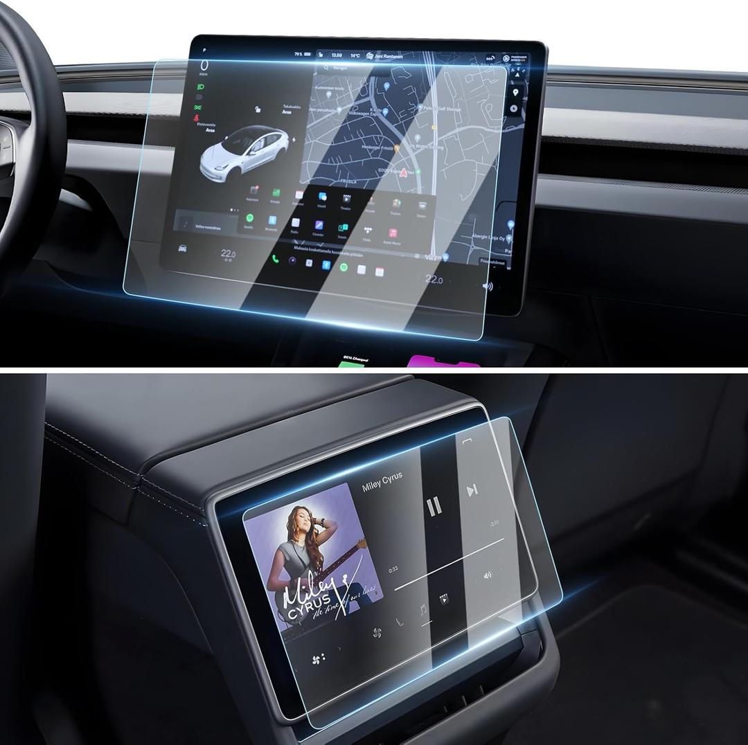 [Upgrade] 2 Pack Screen Protector for Tesla Model Y Juniper 2025~2026 / 2024~2025 2026 Model 3 Highland Screen Protector 15.4-Inch Front & 8-Inch Rear Touchscreen Tempered Glass Tesla Juniper Accessories