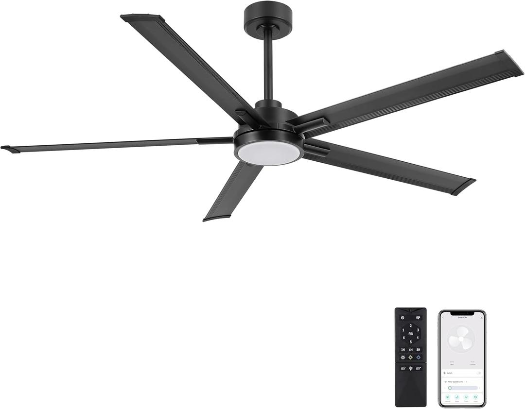 60" Smart Ceiling Fan with Light, Remote/APP Control, Dimmable LED Lights, 6-Speed DC Motor, 5 Aluminum Blades Industrial Ceiling Fans Compatible with Alexa, Google Assistant Black