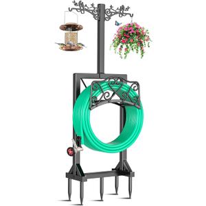 Garden Hose Holder, Freedstanding Heavy Duty Garden Water Hose Holder Stand with 2 Shepherds Hooks, Detachable Metal Hose Storage Hanger Rack for Outside Yard Lawn Farm