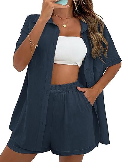 Zeagoo Women's 2 Piece Casual Tracksuit Outfit Sets Cotton Linen Short Sleeve Button Down Shirt and Loose Casual Shorts Set S