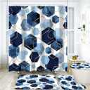 4Pcs Sky Blue Geometric Shower Curtain Set with Navy Blue Abstract Art, 12 Hooks, Bath Mat and Rugs