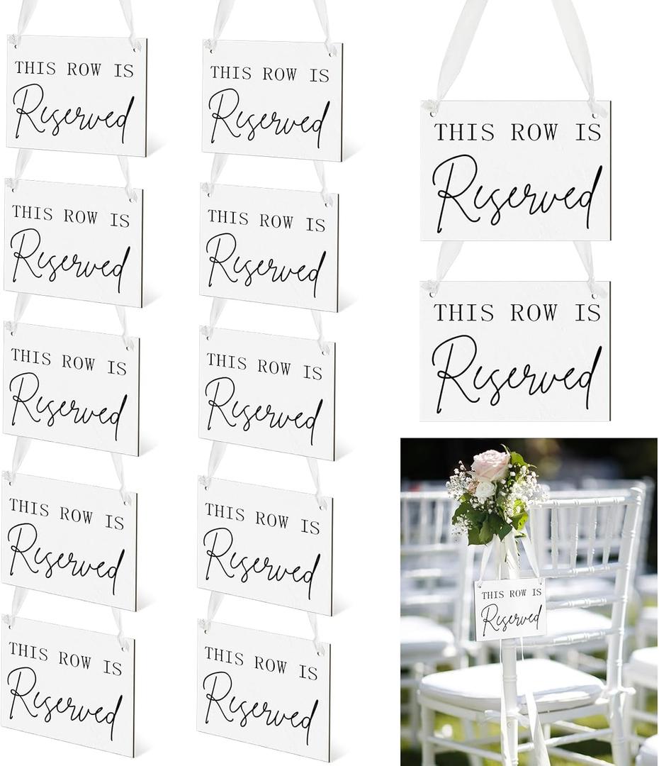 Yousoontic 12 Pack Wooden Reserved Row Sign for Wedding Chairs This Row Is Reserved Hanging Signs with Ribbon for Wedding Reception Party Restaurant Church Events Pews, 5 x 7'' (White,Elegant)