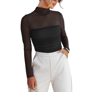 REORIA Women’s Trendy Sexy Mock Turtle Neck Long Sleeve Sheer Mesh Ruched Going Out Bodysuits Tops, Size L