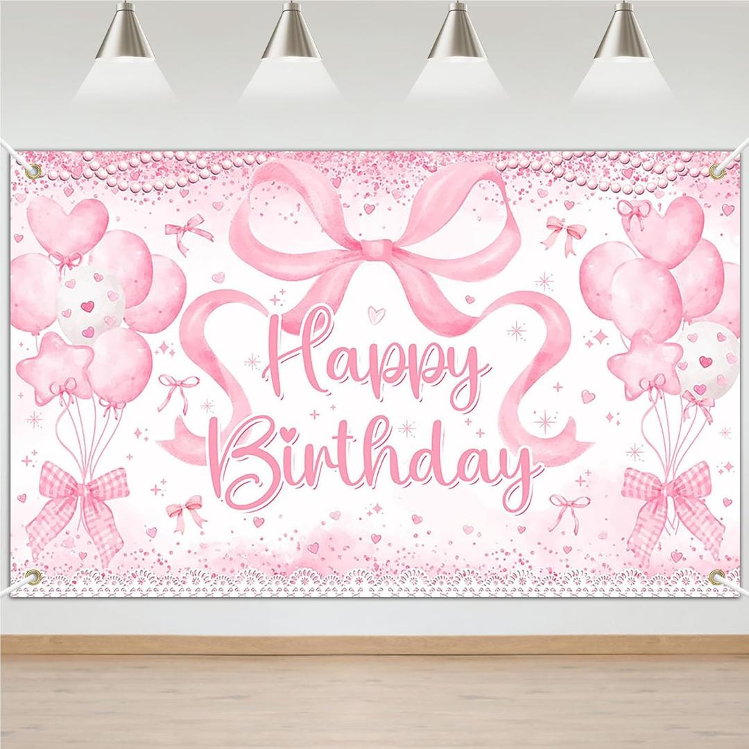 Avezano Coquette Happy Birthday Backdrop Pink Bow Coquette Birthday Party Decorations Bow Happy Birthday Banner Bow Tie Birthday Backdrop for Girls Birthday Party Supplies 70.8 x 43.3 Inch