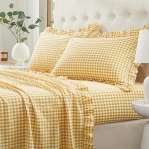 Yvrcen Ruffle Gingham Full Sheet Set - 4 Piece Yellow Plaid Cotton Bed Sheets Full Size - 16 Inch Deep Pocket Checkered Ruffled Sheets Farmhouse Decor - Linen-Feel & Breathable