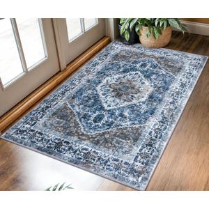 KOZYFLY Boho Area Rug 3x5 Ft Rugs for Entryway Washable Entry Rug Non Slip Door Mat Indoor Entrance Blue Printed Faux Wool Vintage Kitchen Rug Throw Rugs for Entrance Kitchen Living Room (Blue/Brown/White)