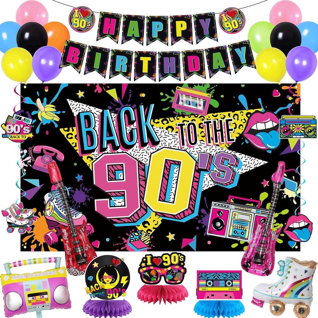 Holkcog 90s Party Decorations, 90’s Theme Birthday Party Decorations Supplies, 90’s Party Supply With Back To The 90s Banner Backdrop , Radio And Rock Guitar Ballons, 1990s Theme Birthday Decor women