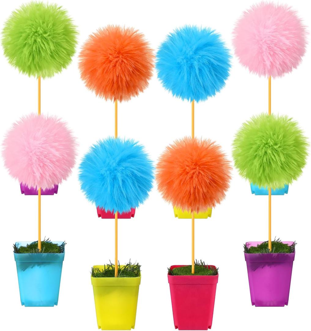 8 Pcs Pom Pom Tree Potted Fluffy Colorful Ball Tree 10 Inch Fuzzy Decor for Reading Event, Birthday Party, Classroom, Gift for Reading Enthusiasts