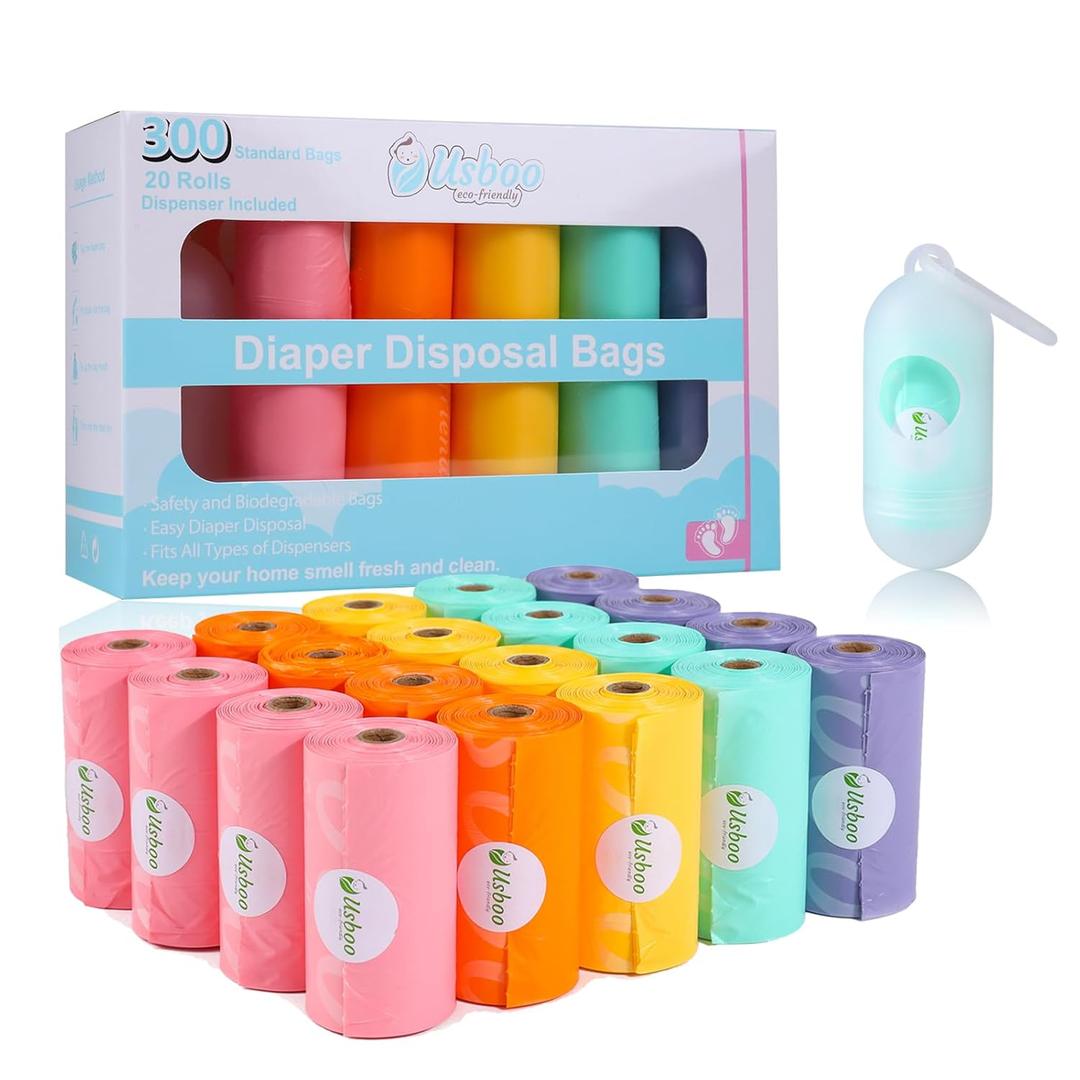 Diaper Bags Disposable for Baby, 20 Refill Rolls/300 Bags Waste Bags with Dispenser, Convenient and Quick Diaper Disposal, Rainbow