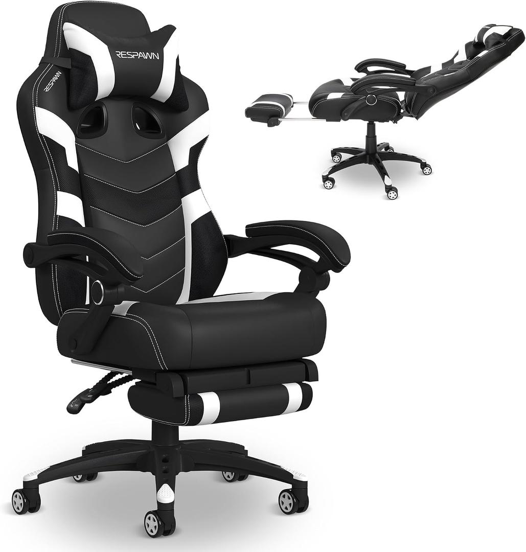 Respawn 110 Pro Ergonomic Gaming Chair with Footrest for Adults - Comfortable Office Gaming Recliner with Lumbar Support and Headrest, Racing Style Video Game Chairs for Computer Gamer - White