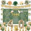Crenics Green and Gold 40th Birthday Decorations for Men Women - Back in 1986 Backdrop, Banner, Paper Pom Poms, Hanging Swirls, Cake Topper and Balloons for 40 Birthday Party Supplies