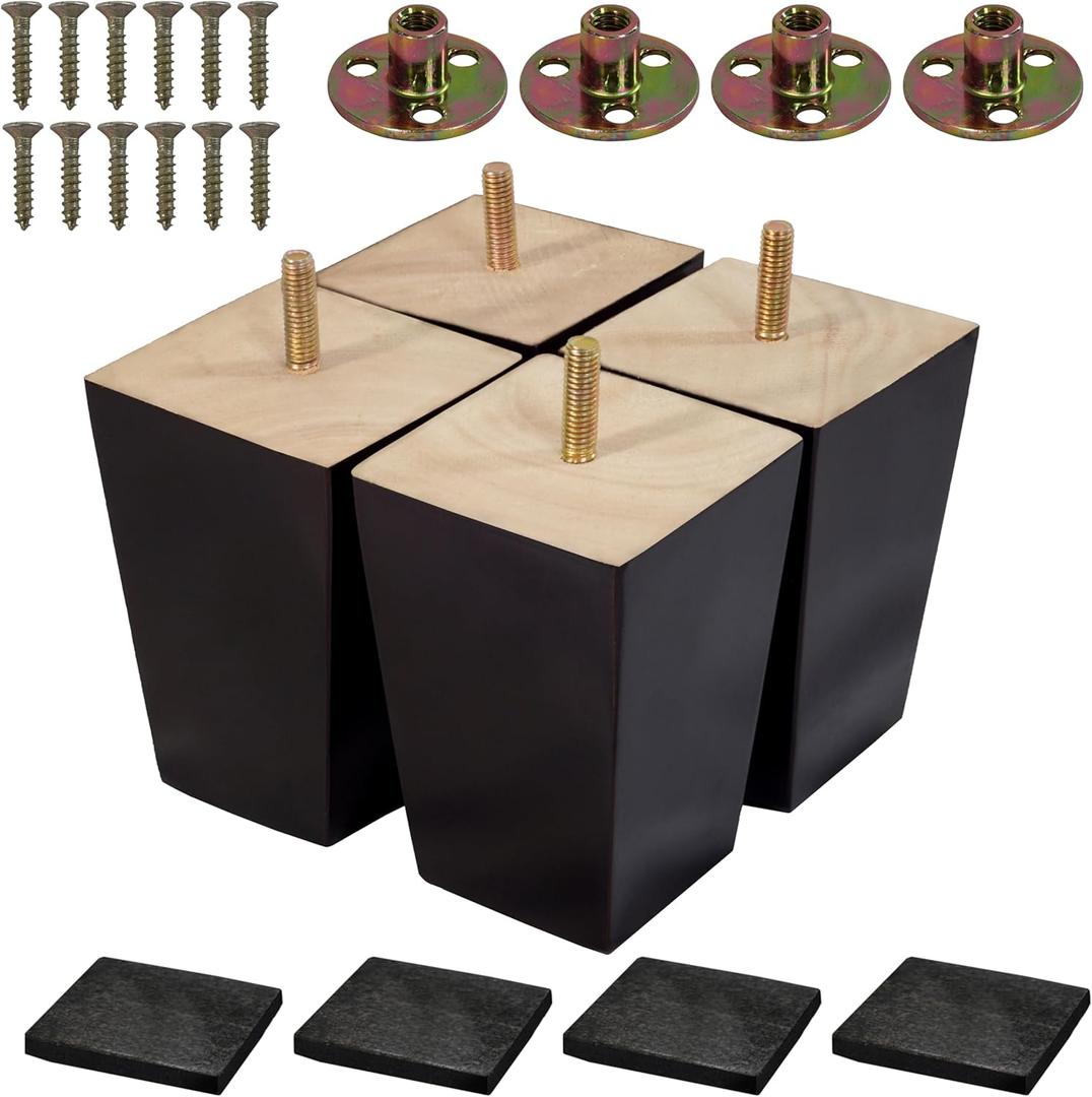 4 Pcs 4 inch Wood Furniture Legs  Square Sofa Legs, Couch Leg Black MidCentury Modern Replacement Legs for Armchair Recliner Coffee Table Dresser (4")