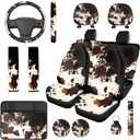 Brown Cow Print Car Seat Covers Set 14 Pcs with Steering Wheel Cover Seat Belt Cover Center Console Cover Head Rest Protector Fit Most Car, Truck, SUV, or Van