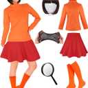 Women Costume Adult Top Skirt and Socks, Bob Wig, Glasses, Magnifying Glass for Halloween Women Cosplay Set (XL)