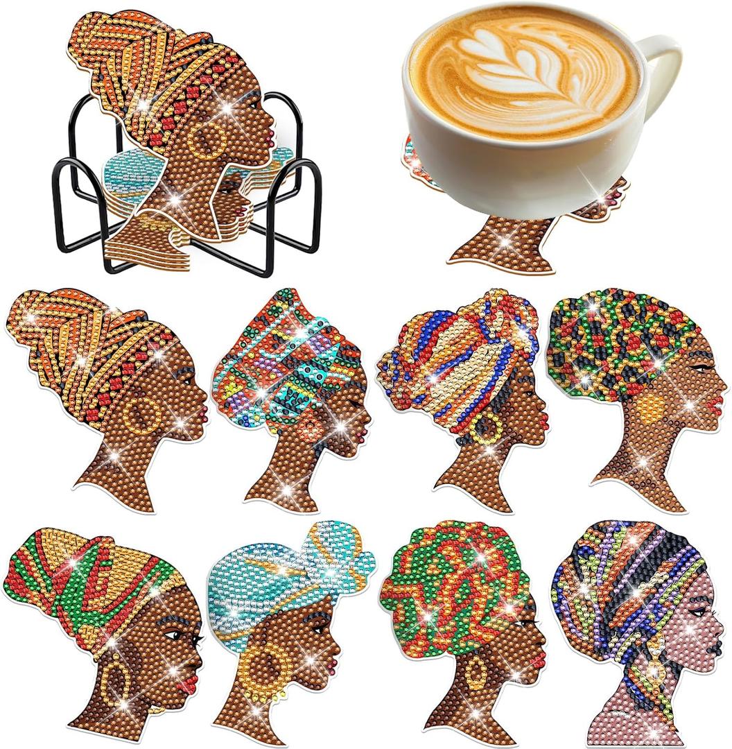 African American Diamond Painting Coasters - 8 PCS Diamond Art Coasters Kits for Drinks Coffee DIY Art Craft Supplies Birthday Holiday for Adult Beginners Black Women Lady