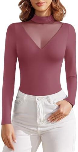 Avidlove Bodysuits for Women Long Sleeve Going Out Tops Mock Turtleneck Body Suits Double Lined Leotard Shirts, Size L, Purple