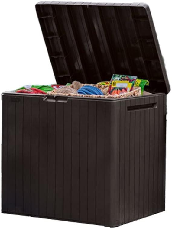 Keter City 30 Gallon Resin Outdoor Storage Box and Patio Furniture Side Table for Pool and Garden Accessories, Brown | Brown, Resin, Compact, Weatherproof, Lockable, Easy Assembly, Organization, Pool Accessories Storage