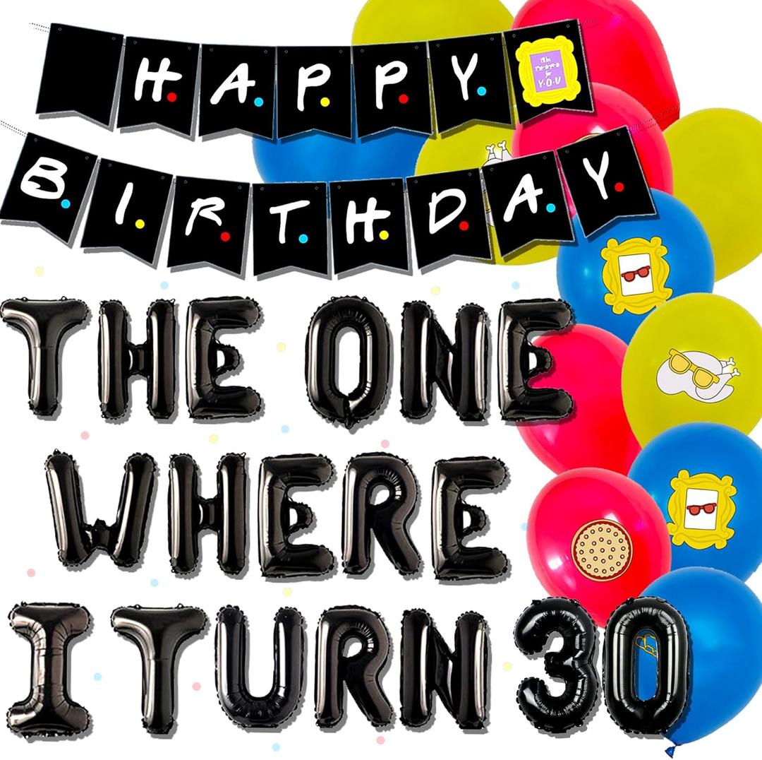 45 PCS The One Where I Turn 30 Banner Balloons Friend Theme 30 Birthday Banner Backdrop Cake Topper for Birthday Party Supplies