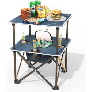Folding Beach Table, Camping Table for Sand with Insulated Cooler Storage & 4 Cup Holders, Portable Pop Up Picnic Table, Lightweight Side Table for Outdoor