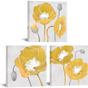 iKNOW FOTO Canvas Set of 3 Wall Art Elegant Poppy Flower Posters and Prints Modern Floral Painting Picture for Living Room Guest Room Decor Wood Frame Stretched Easy to Hang 12x12x3pcs (Yellow)