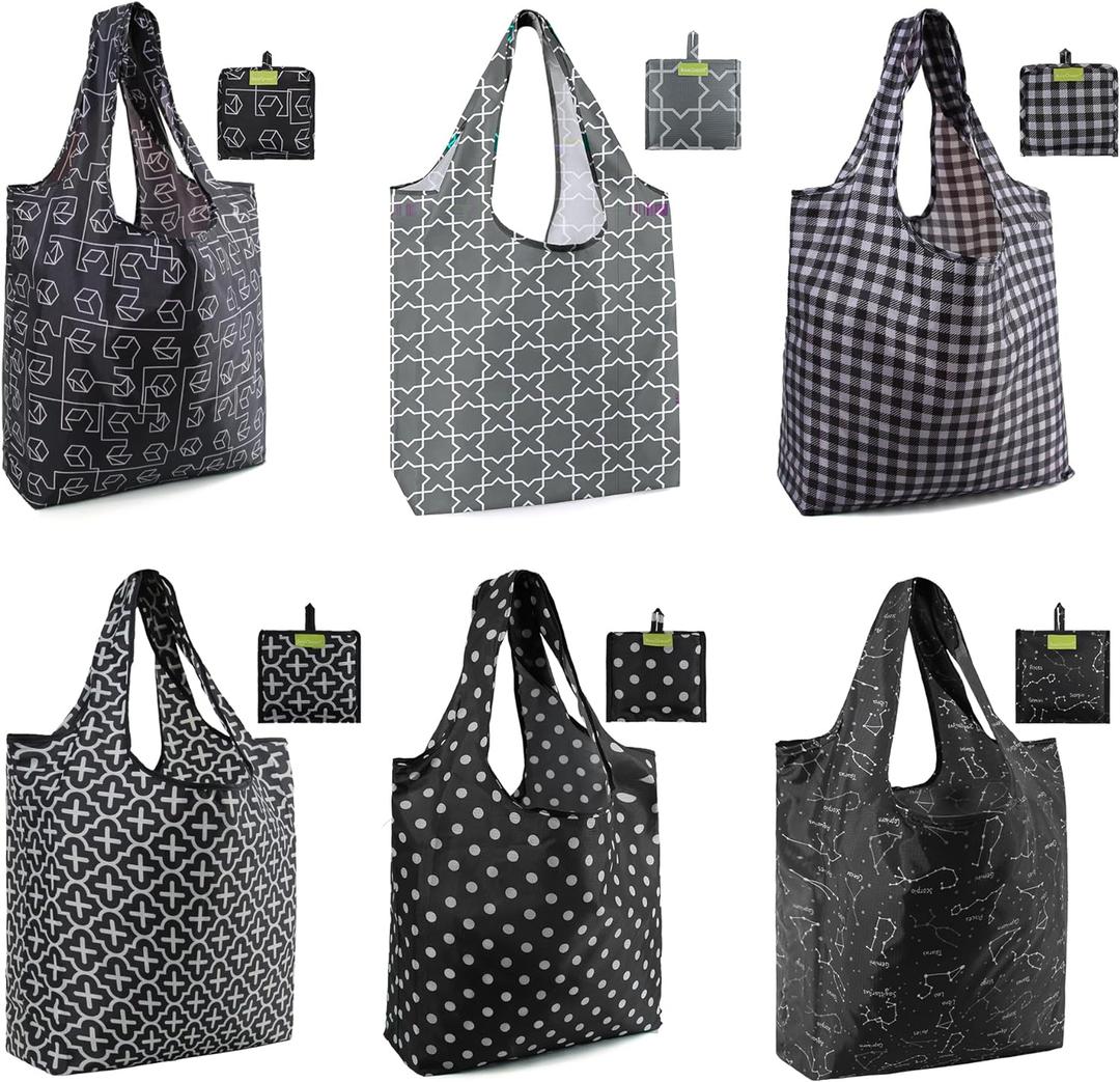 BeeGreen Reusable Shopping Bags for Groceries Reusable Gifts Bag - Grocery Bags Foldable 6 Pack Cute Holiday Cloth Bags With Handles - Large Tote Bag Bulk Heavy Duty Polyester Washable Geometry (Black Dots, Gray Geometry)