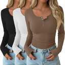 3 Pack Women's Henley Tops Fall Cotton Blend Long Sleeve Button T Shirts Trendy Slim Fit U Neck Basic Tight Tee L
