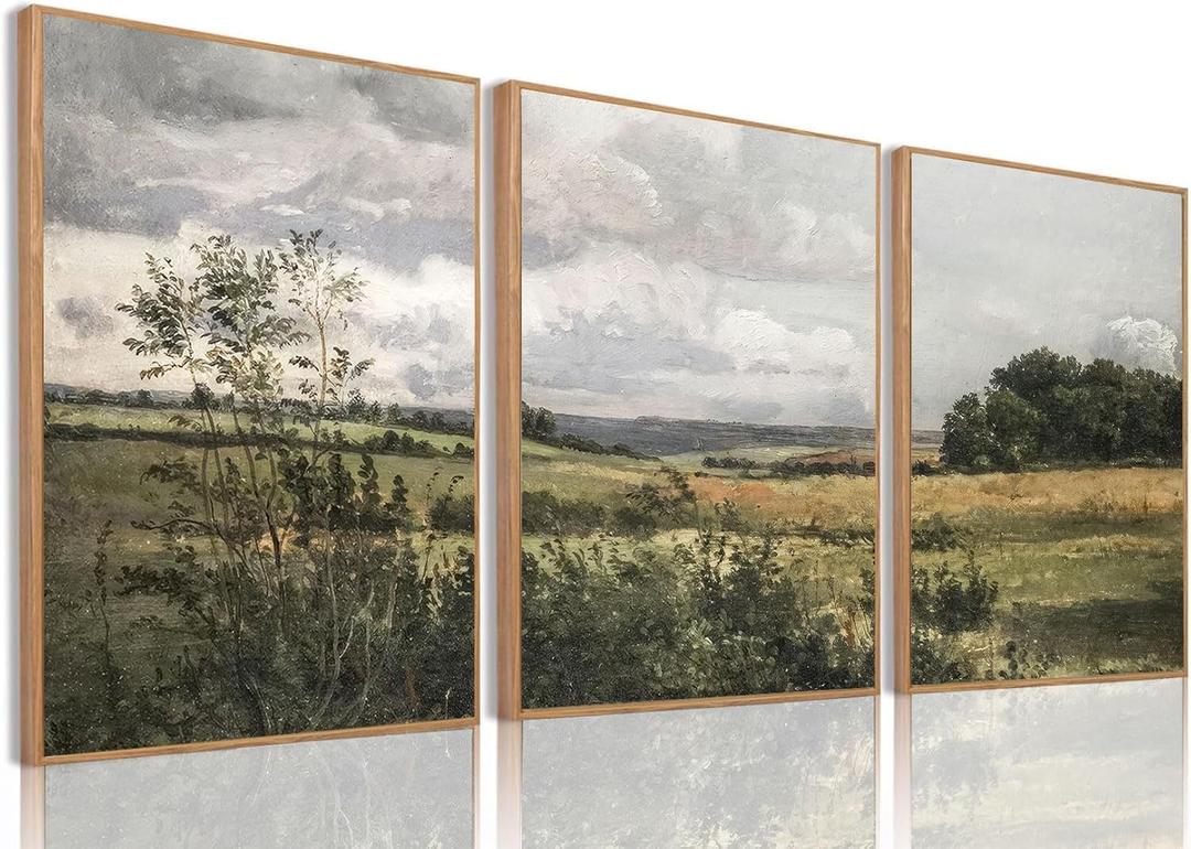IBHJSART Framed Canvas Vintage Wall Art,Landscape Decor Prints,Set of 3 Nature Countryside Art Retro Painting Fields Tranquil Pictures Artwork Rustic for Living Room Bedroom Bathroom (16"x24" Natural, Wilderness)