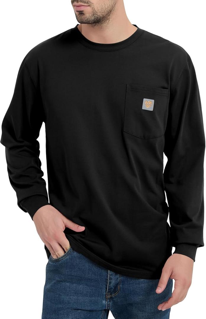 Men's Loose Fit Heavyweight Work Long Sleeve T-Shirts Comfort Pocket Tee(Regular&Tall) (3X-Large Tall, Black)
