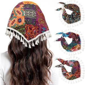 AWAYTR 3PC Boho Lace Scarf Hair Bandanas - Chiffon Hair scarf for Women and Girls Bohemian Prints headbands