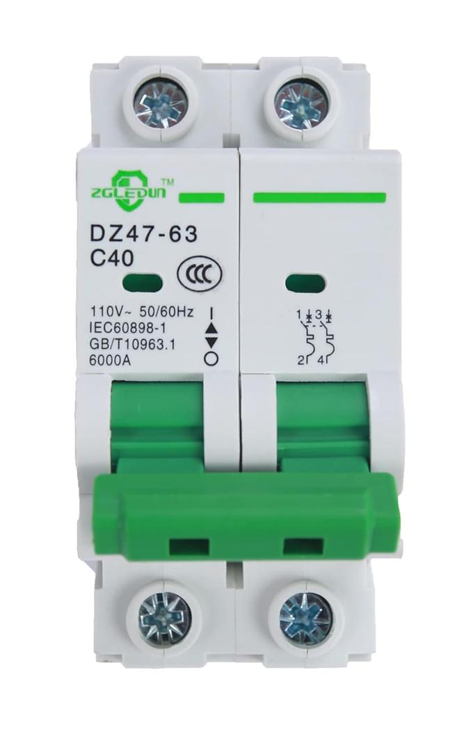 AC Miniature Circuit Breaker, 2 Pole 40 Amp, 120/240VAC, 6kA Din Rail Mount Breaker with Thermal Magnetic Trip, DZ47-63 C40 2P, AC Solar MCB
