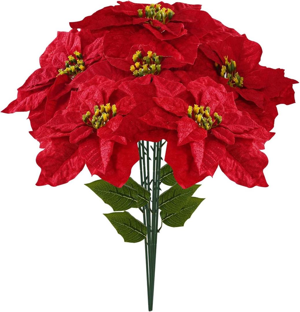 Poinsettias Artificial Christmas Flowers 9.8" Large Heads 6 Pack 16.9" Bouquet Red Faux Velvet Flower for Xmas Tree Home Christmas Decorations