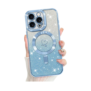 Bonoma Compatible with iPhone 16 Pro Max Case Support for MagSafe, Plating Heart Glitter Magnetic 2* Screen Protector TPU Camera Protection Back Cover for Girls Women -Blue