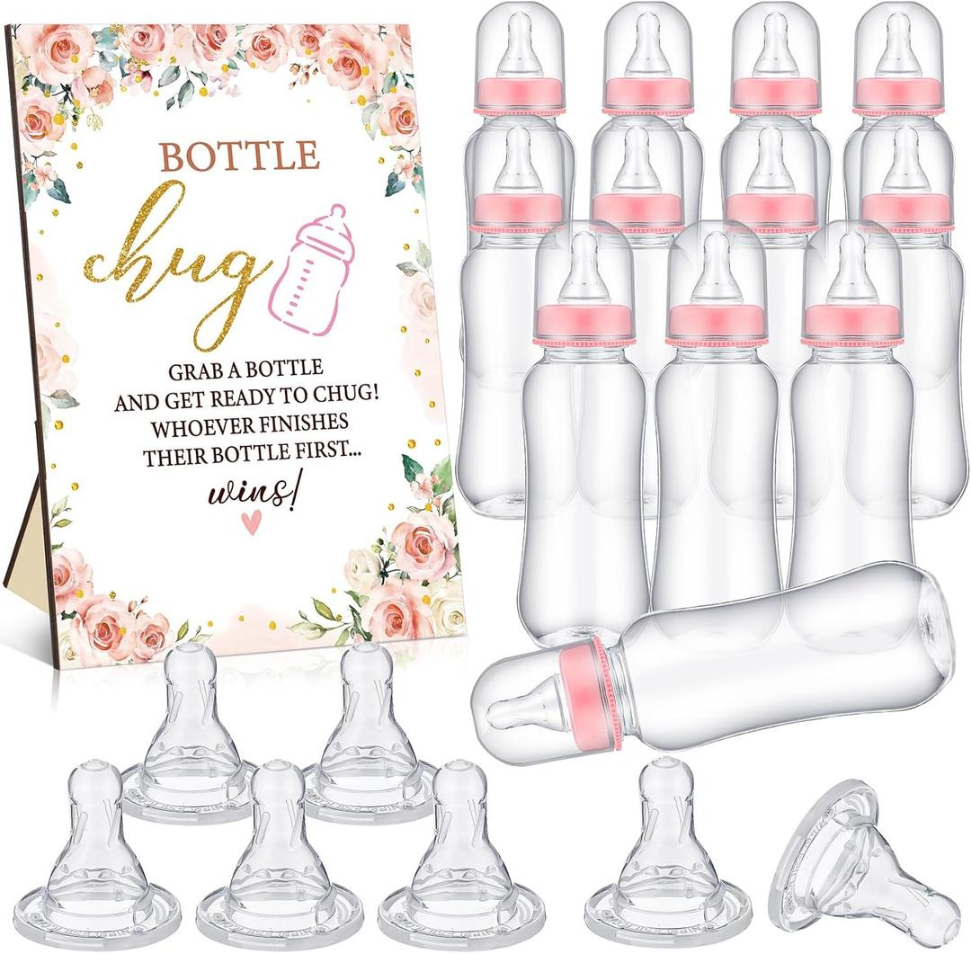 TrelaCo Floral Cool Baby Shower Games Bottle Chug Sign Wooden Floral Gift Sets Gender Reveal Party Favors and 12 Pcs Baby Bottle Shower Favor for Games Gender Reveal (Pink)