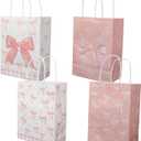 30pcs Pink Bow Party Paper Gift Bags with Handles, Bow Knot Treat Bags for Girls Birthday, Baby Shower, Wedding, and Coquette Themed Parties