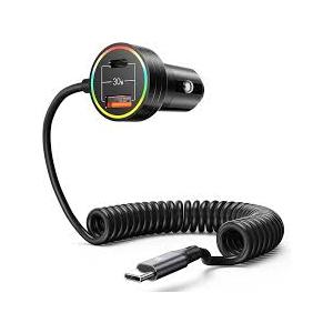 SB-C Super Fast Car Charger PD&QC 3.0-60W, 30W Type-C Coiled Cable - 1 Pack for iPhone 15-8 Series/Samsung Galaxy S23-S21/Google Pixel/Android/iPad/MacBook